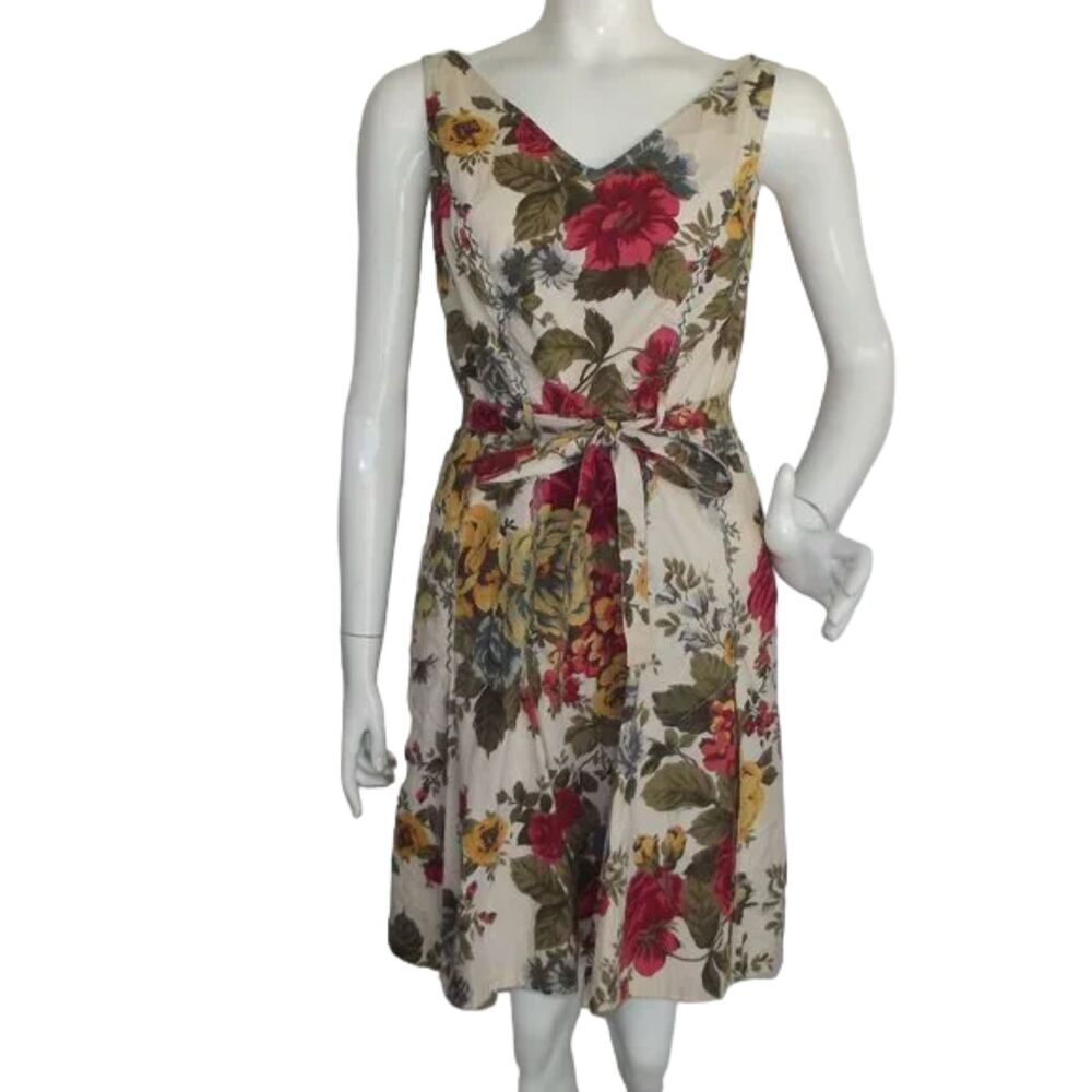 NEWPORT NEWS Floral Dress, 6, Bold Colors, Oversized Stitching, Matching Sash